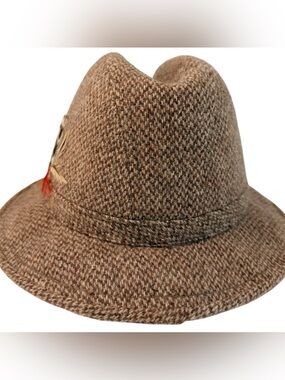 Vintage Adam New York Brown Tweed Trilby Fedora Hat Feather Accent XS